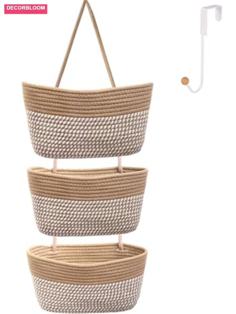 3 Tier Cotton Rope Hanging Wall Storage Basket with Door Hook